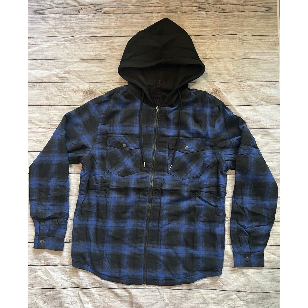 Zenthace Men’s Blue-black Plaid Thermal Jacket Soft Medium Hooded B3